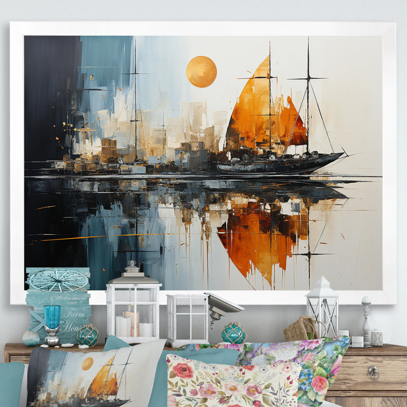 «Moonlight Saiboat Collage Horizon III - Bateau à voile, art mural», Cadre de coin blanc fermé, H 24 po x l 32 po x P 1 po