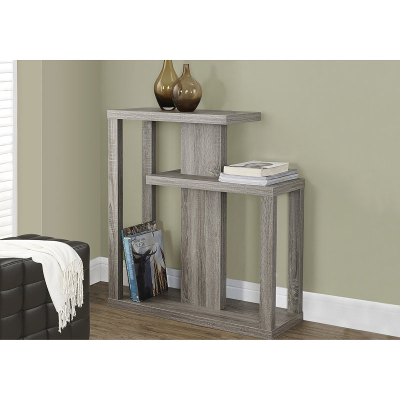 Console d'entrée moderne et étroite avec revêtement stratifié taupe, offrant un grand espace de rangement pour la décoration. Style contemporain et finition chaleureuse.