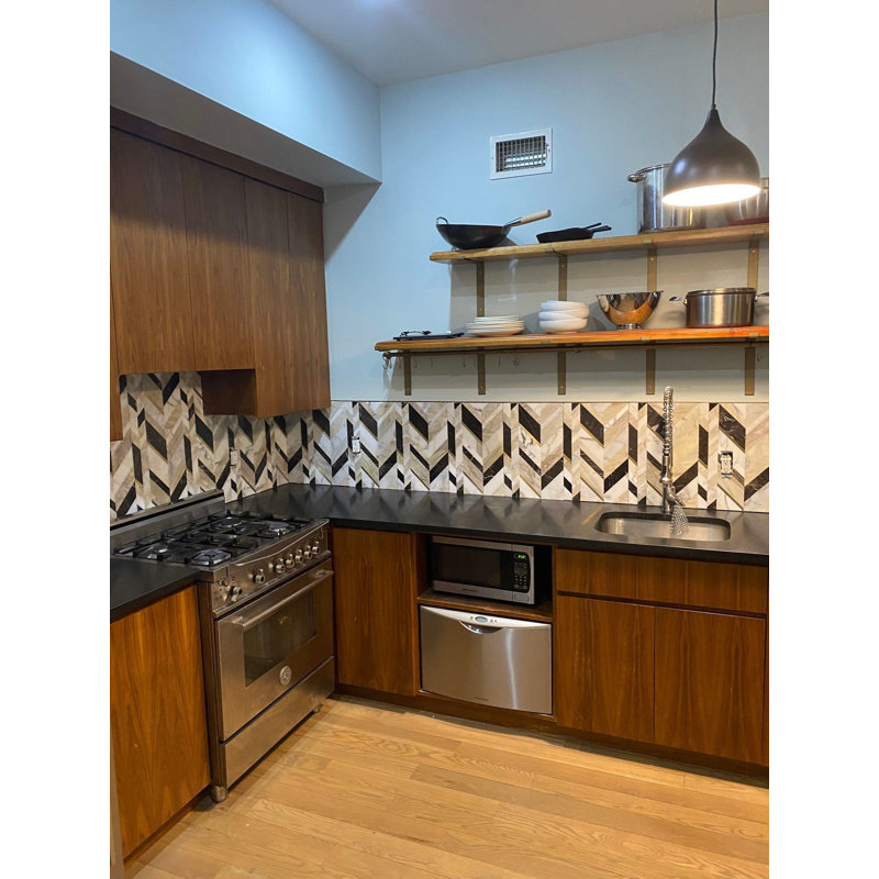Amari 12x19 Chevron Polished Marble & Aluminum Inlay Mosaic Tile, Saint Laurent