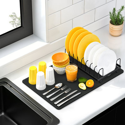 RicheMake Dish Drying Mat and Rack Set, Quick Dry Diatomaceous Earth Mat with Stainless Steel Dish Rack, Kitchen Counter Organizer - Large, Black
