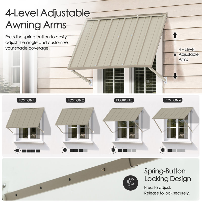 Kozyard Adjustable Door Window Awning – 4-Level Tilt, 42" W × 32" Sloped Panel, Adjustable Projection 22"–31", Aluminum Frame & Metal Canopy, All-Weather Rain, Snow & UV Protection  (Khaki)