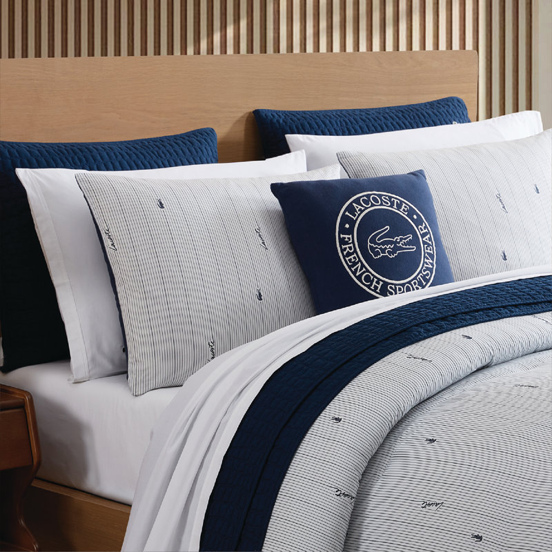 Lacoste Logo Stripe 100% Cotton Comforter Set, Soft Breathable All-Season with Embroidered Crocodile, Twin 2-Piece Navy