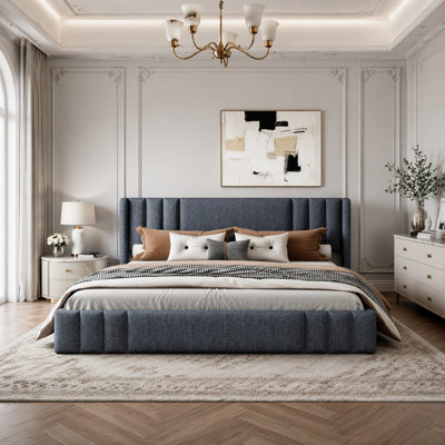 King Size Upholstered Platform Bed with Wingback Headboard and Upholstered Footboard, Gray