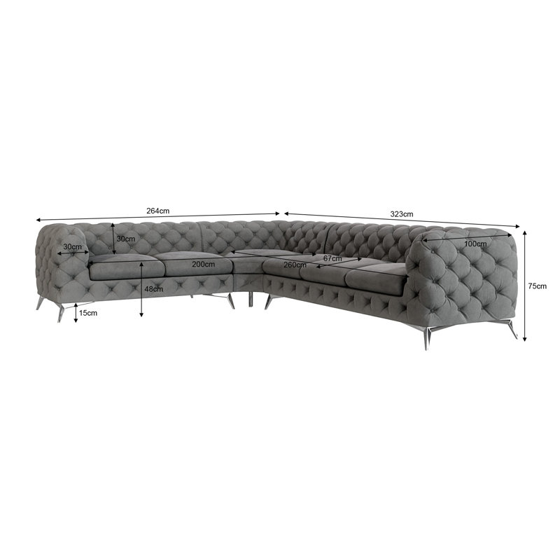 Chesterfield Corner Sofa L-Shape Bixby with Silver Metal Legs, Grey, Right Hand Facing