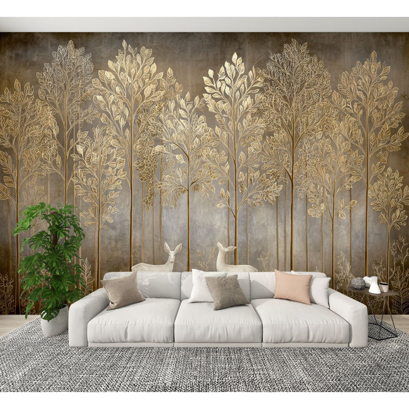 Papier peint auto-adhésif, paysage, forêt, doré, nature, art fantastique, L 144 po x l 100 po