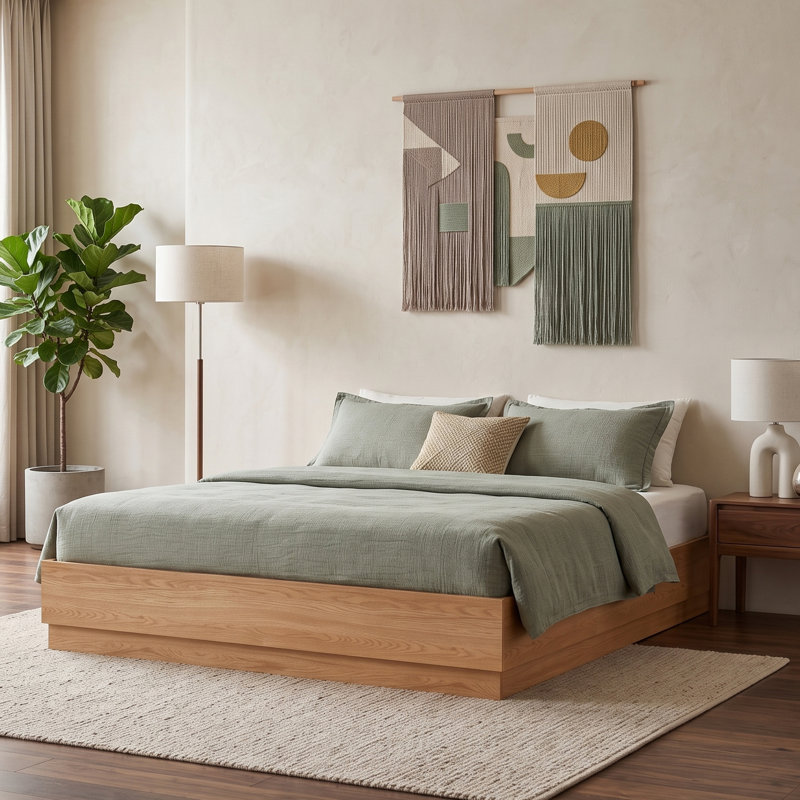 Lit plateforme moderne en bois sans tête de lit avec base étagée et rangement relevable, très grand, brun clair, Marron clair