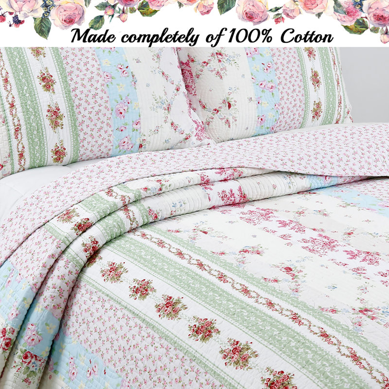 Cotton Floral Quilt Set, Queen Quilt + 2 Standard Shams