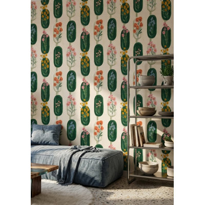 Papier peint floral, formes botaniques et capsules décoratives