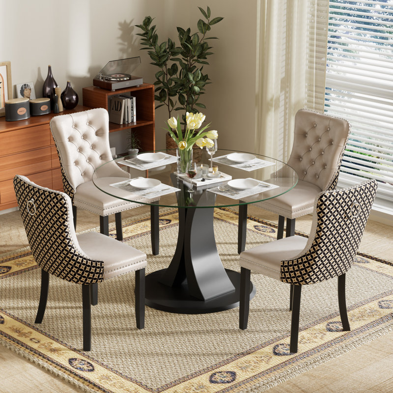 Ensemble de salle à manger 4 pièces, Géométrique beige, H 29,5 po x l 39,7 po x P 39,7 po, Clair