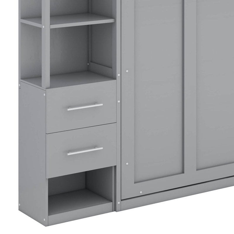 Grand lit escamotable avec tablettes, tiroirs et DEL, Gris