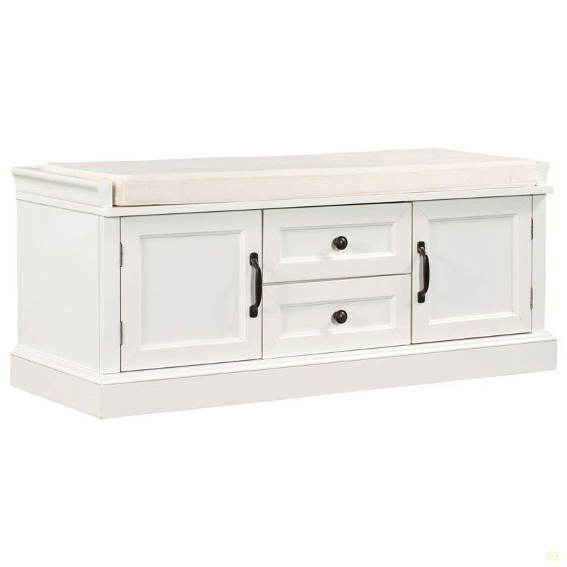 Storage Bench With 2 Drawers And 2 Cabinets, Shoe Bench With Removable Cushion For Living Room, Entryway, White