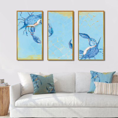 Bataille de crabe bleu côtier - ensemble d'art mural sur toile encadré nautique et côtier