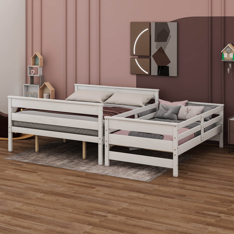Lit superposé en bois avec échelle, Blanc, Lit simple très long sur grand lit