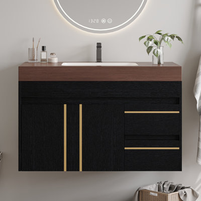 Meuble-lavabo flottant 36 po avec plateau en faux marbre et lavabo en céramique Aether