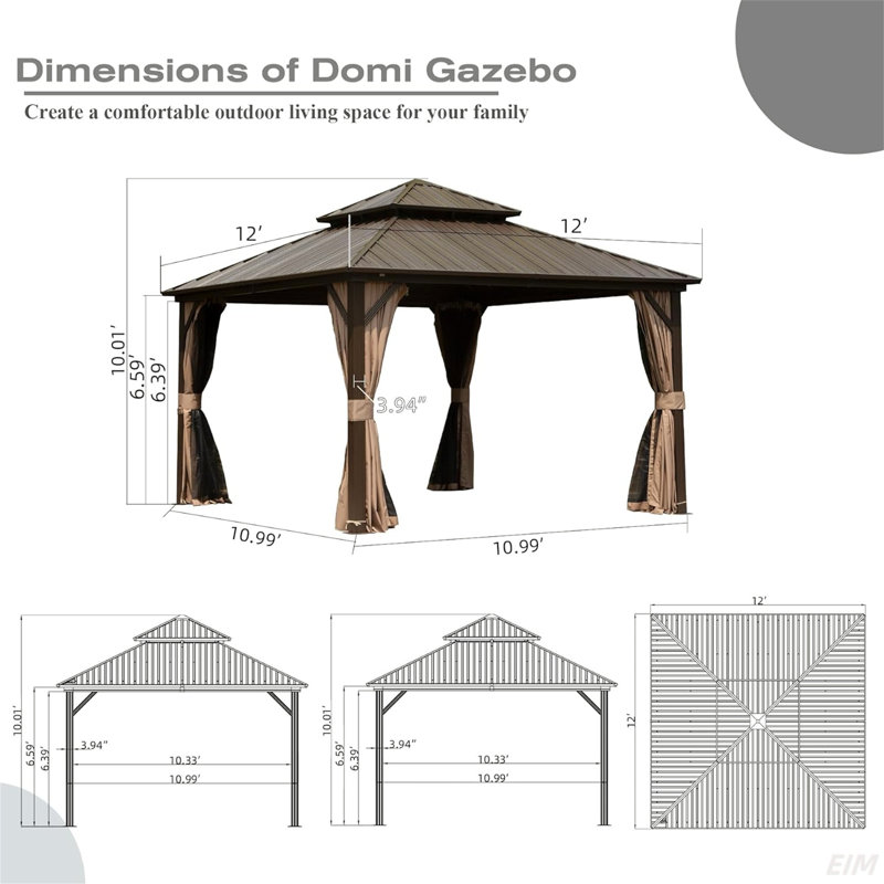 Hardtop Gazebo, Aluminum Metal Gazebo With Galvanized Steel Double Roof Canopy, Curtain And Netting, Permanent Gazebo Pavilion(Canopy)