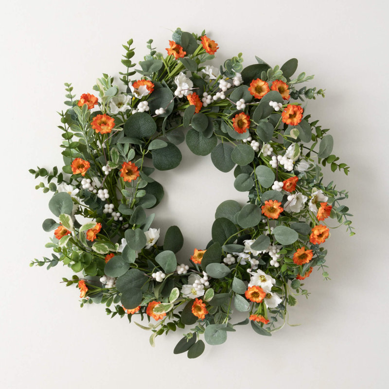 Mini couronne artificielle d'eucalyptus et de fleurs; Multicolore, L 23 po x H 23 po x P 5 po