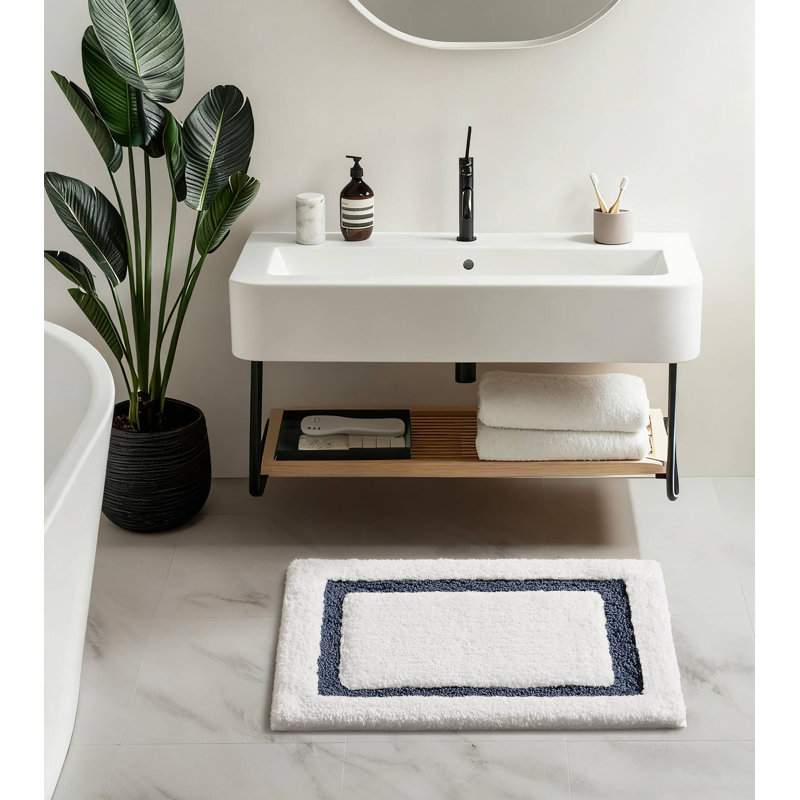 Roan Border Tufted Bath Rug, White/Navy, 24" L x 17" W