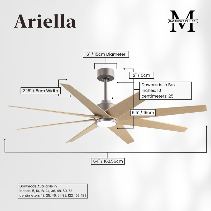 Ariella - Eight Blade Ceiling Fan - Integrated LED - Matte Black Finish - Matte White Blades, Brushed Nickel