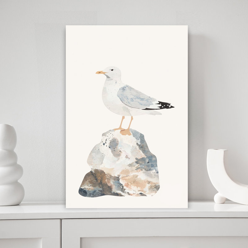 Seagull On Coastal Rock Minimalist Serene Abstract Seagull Bird Coastal Wall Art Print 1 Piece Wrapped Canvas Wall Art