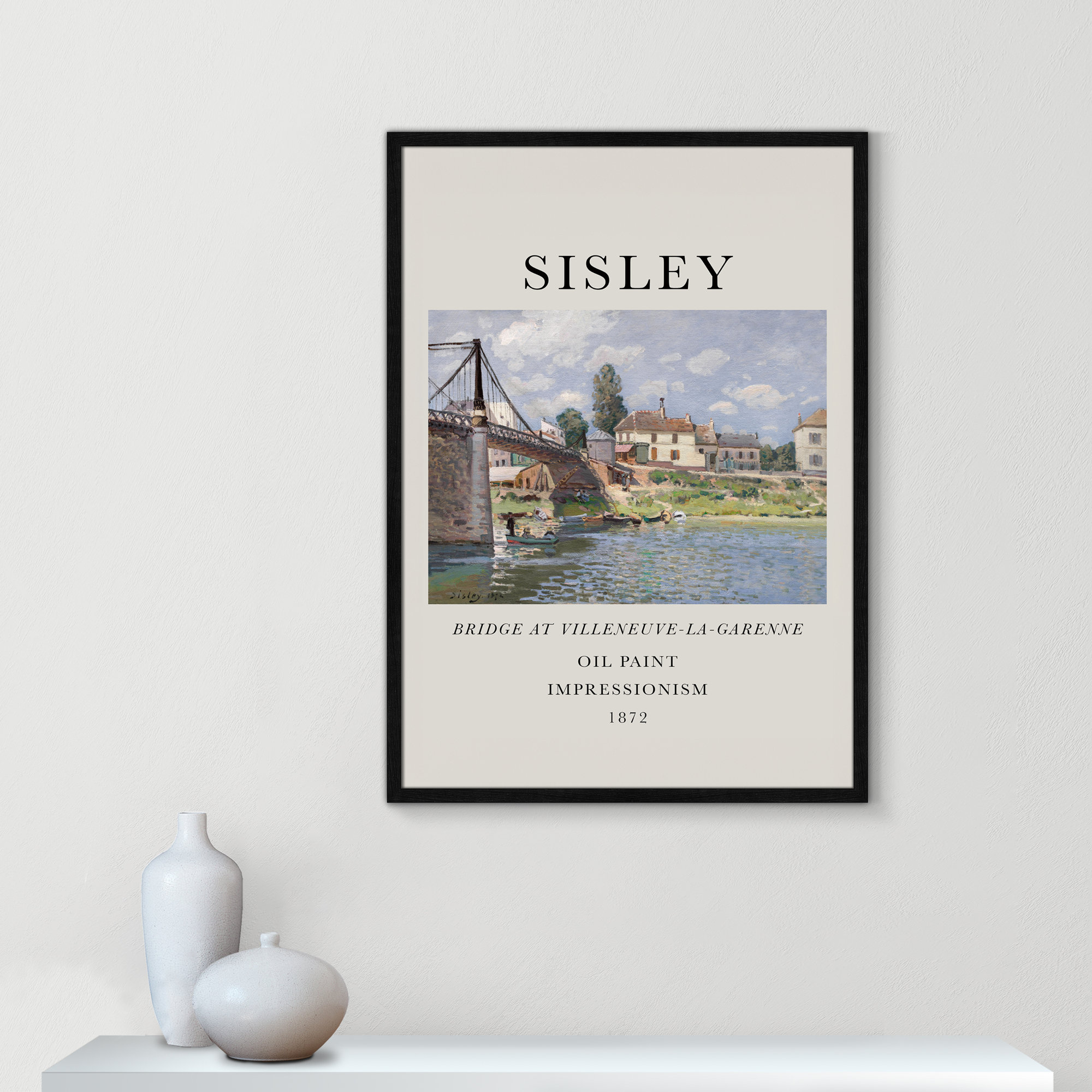 Old Masters Collection " The Bridge At Villeneuve " by Alfred Sisley, 35.5" H x 25.5" W x 0.75" D, Black Single Picture Frame