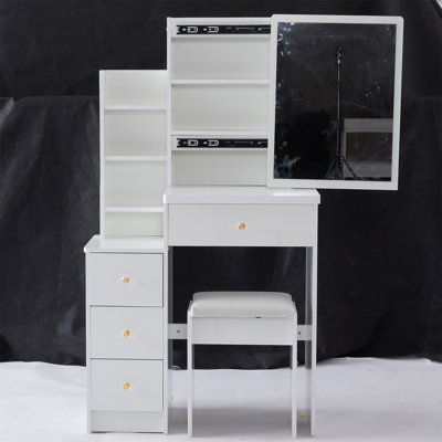 29.2" Small Space Left Bedside Cabinet Vanity Table + Cushioned Stool, Extra Large Right Sliding Mirror, Multi Layer High Capacity Storage, Practical Fashionable Dresser, Suitable For Small Space