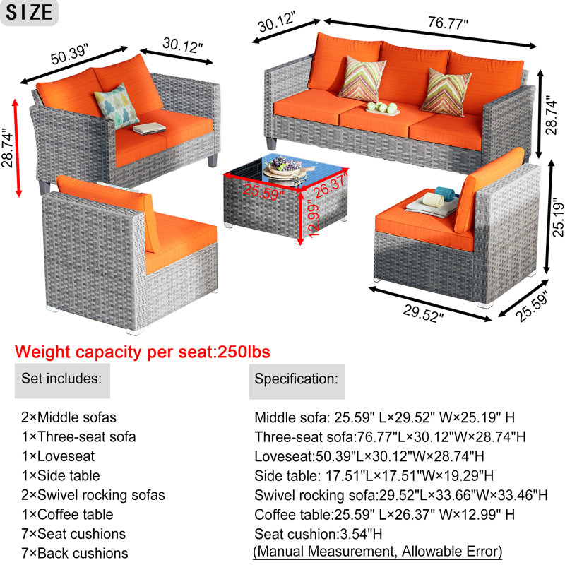 Ensemble de conversation avec canapé en rotin 5 pièces avec coussins, Orange