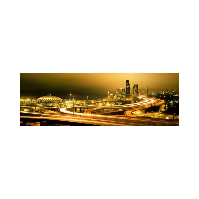 Buildings Lit Up At Night, Seattle, Washington State, USA - Wrapped Canvas Panoramic Print, 182.88 cm H x 60.96 cm W