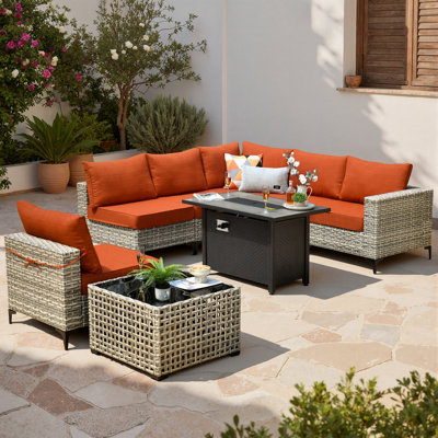 Mobilier d'extérieur en rotin pe haute densité, 6 places avec table de cuisson et table de bout lumineuse