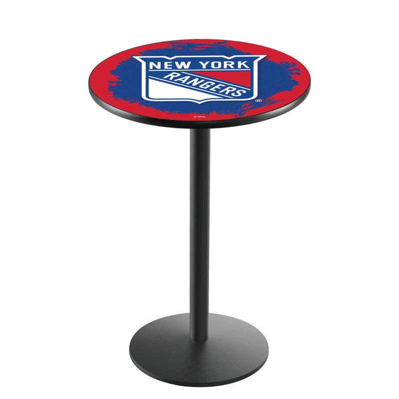 NHL Round Metal Base Dining Table, Black Wrinkle, New York Rangers