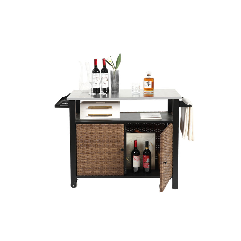 Grand chariot d'îlot de cuisine extérieur avec plateau en acier inoxydable et roulettes, armoire de rangement brune prolongée