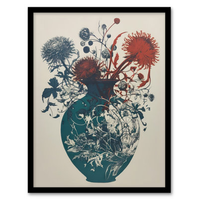 Alaiah Abstract Thistle Flowers Teal Blue Red Scottish - Single Picture Frame Print