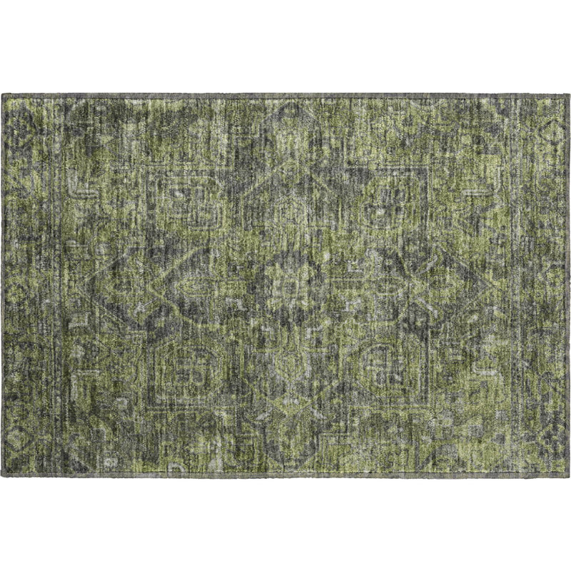 Premium Machine Washable Cerrito AMF571 Green Rug, Rectangle 1'8" x 2'6"