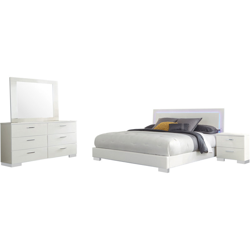 Grand lit 4 chambres, finition blanche ultrabrillante, base de lit en similicuir doux, accents de bois contemporain, pieds, éclairage à DEL bleu dans la tête de lit
