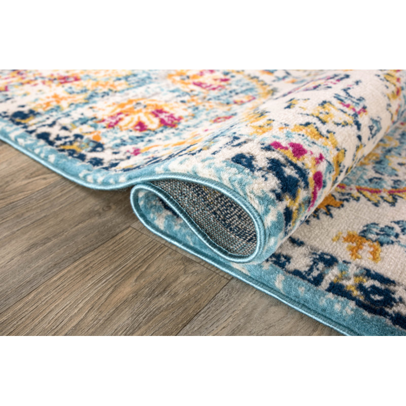 Tapis oriental bleu / jaune / rose Furtado, Rectangle 7 pi 10 po x 10 pi