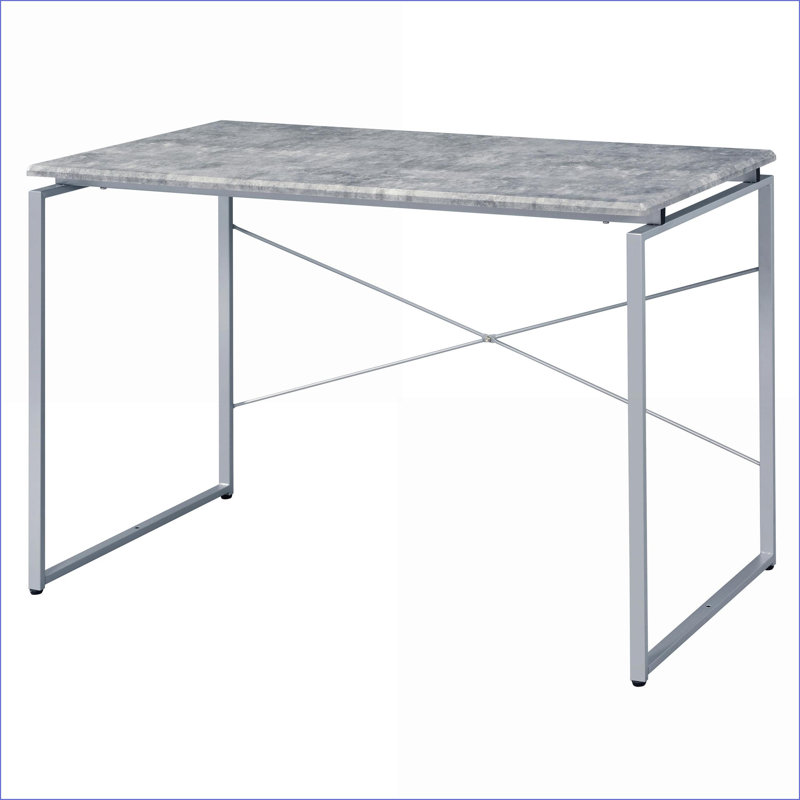 Desks, Grey &amp; Silver Industrial Writing Desk with Faux Concrete Top &amp; Metal Sled Base, 47.5W x 22.5D x 28.5H | Grey+Silver | Wood+Metal