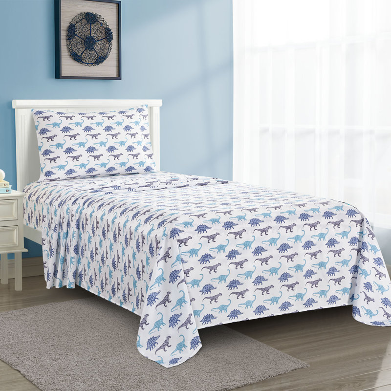 Ensemble de draps 3 pièces Dino School, Purple White/Dino, Ensemble de draps pour lit simple avec 1 taie d'or