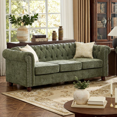 Abdulhameed 83“ Chenille Chesterfield Sofa, Modern Farmhouse Upholstery  Couch With Rolled Arm and Nailhead Trim