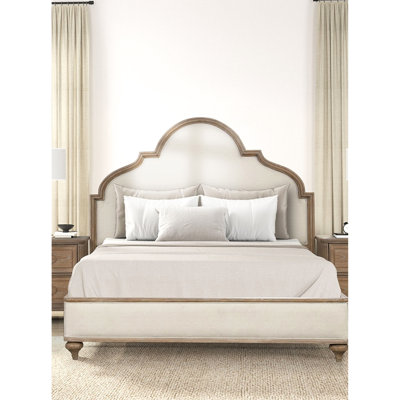 Très grand cadre de lit en chêne rustique avec des pieds distinctifs et une structure en bois massif pour la chambre à coucher, matériau de tête de lit en tissu unique