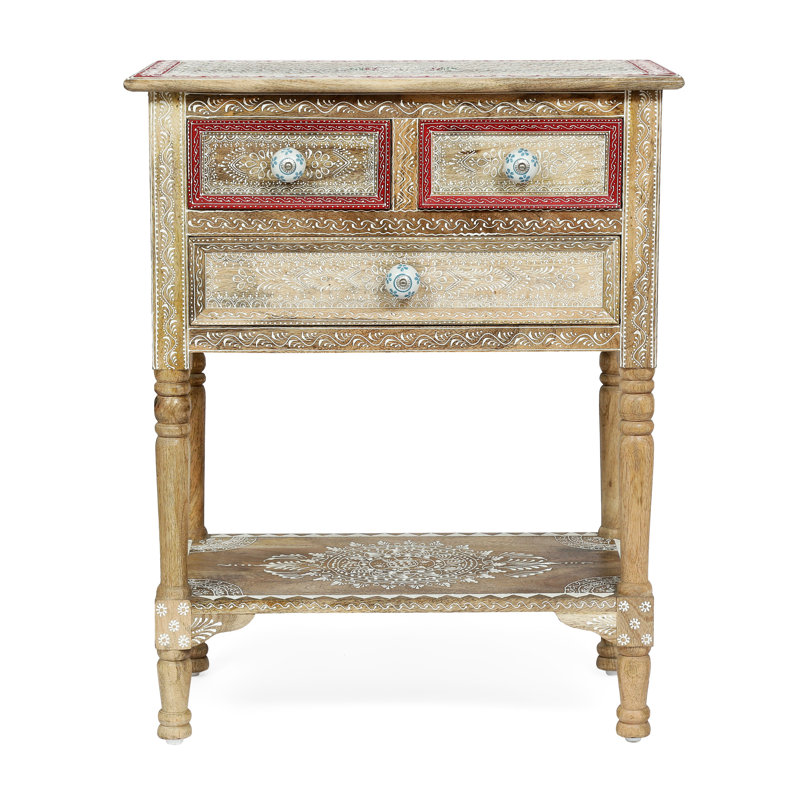 Table d'appoint à 2 tiroirs en bois de manguier peinte à la main, 26 po de hauteur, pour le rangement et la décoration intérieure fabriquée avec trois tiroirs, en bois
