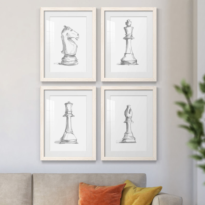 Chess Room Study I - Ensemble de 4 reproductions de cadres photo, Blanc, H 43,5 po x l 31,5 po x P 1 po