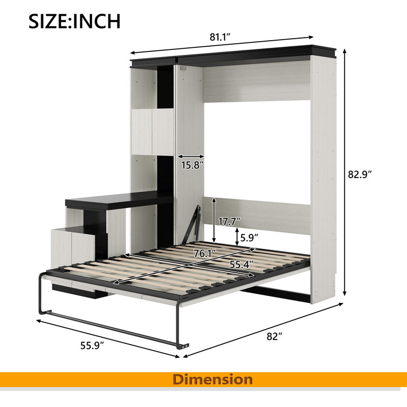 Lit escamotable double avec bureau, tablettes et armoires de rangement