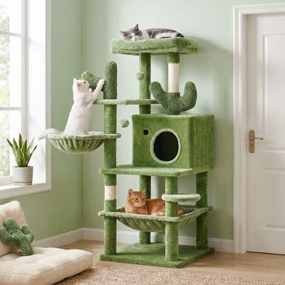 Arbre à chat en forme de cactus, centre d'activités multifonctionnel avec tour pour chat, 2 hamacs suspendus, poteaux à griffes en sisal, perchoirs interactifs, pour la décoration intérieure des chats