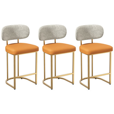 Ensemble de 3 tabourets de bar à hauteur de comptoir, tabourets de bar à dossier arrondi et structure en métal doré, tabourets d'îlot de cuisine modernes avec repose-pieds pour la salle à manger, bar pour le déjeuner, orange