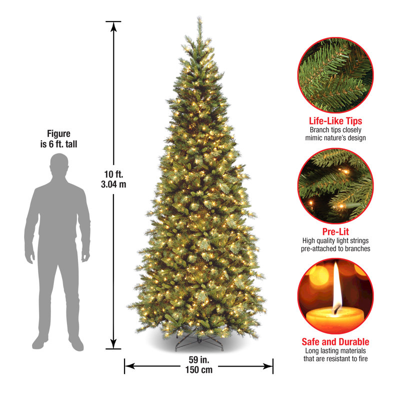 Tiffany Slim 10' Green Fir Artificial Christmas Tree with 800 Clear Lights with Stand, 10'