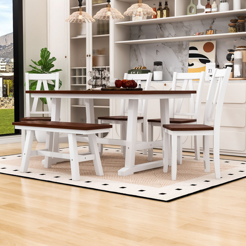 Ensemble de salle à manger 6 pièces en bois de ferme avec table rectangulaire, 4 chaises et banc, Espresso, Blanc, Espresso