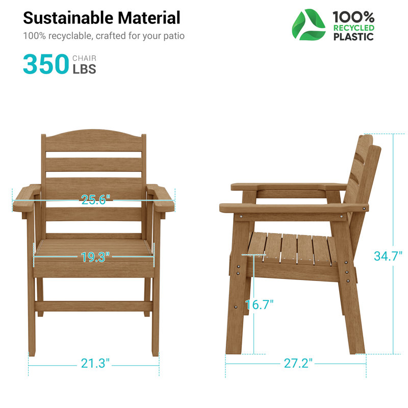 Chaises de patio en HDPE pour l'extérieur, empilables et résistantes aux intempéries avec dossier ergonomique, Teck