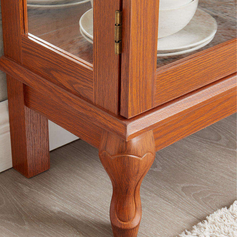 2 Doors Curio Cabinet With Adjustable Shelves, Dark Oak, Tempered Glass, Mirrored Back, And For Elegant Home Or Office Showcase Of Collectibles , Oak Finish, Shelves Display Prized Wine