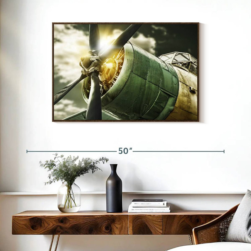 Vue du ciel de l'ancien avion, 37 po x 25 po, Cadre flottant noyer