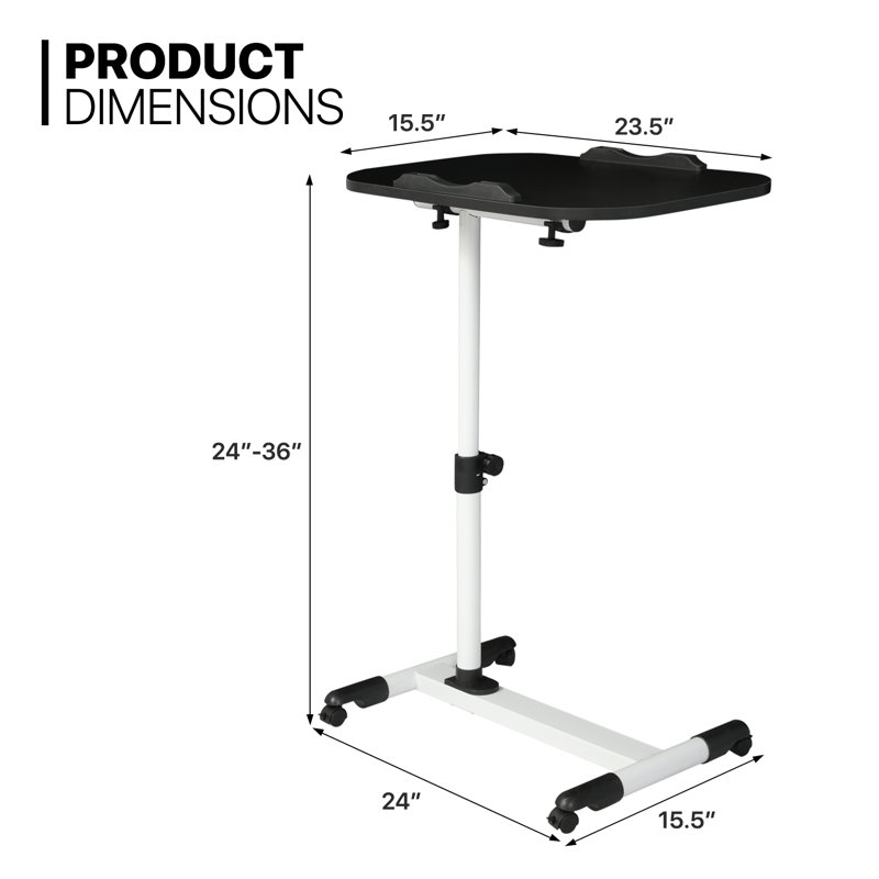 Mobile Computer Desk, Adjustable Height Standing Table, Laptop Desk Rolling Sit-Stand with Wheels, White