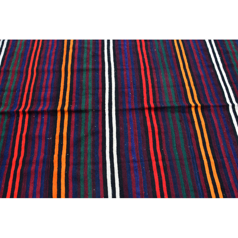 Kilim turc fait à la main avec rayures - Tapis oriental rétro idéal pour la décoration bohémienne bleu / rouge